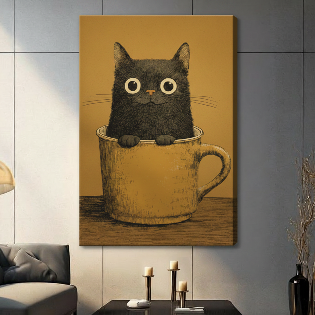 Black Cat in Teacup Vintage Canvas Wall Art