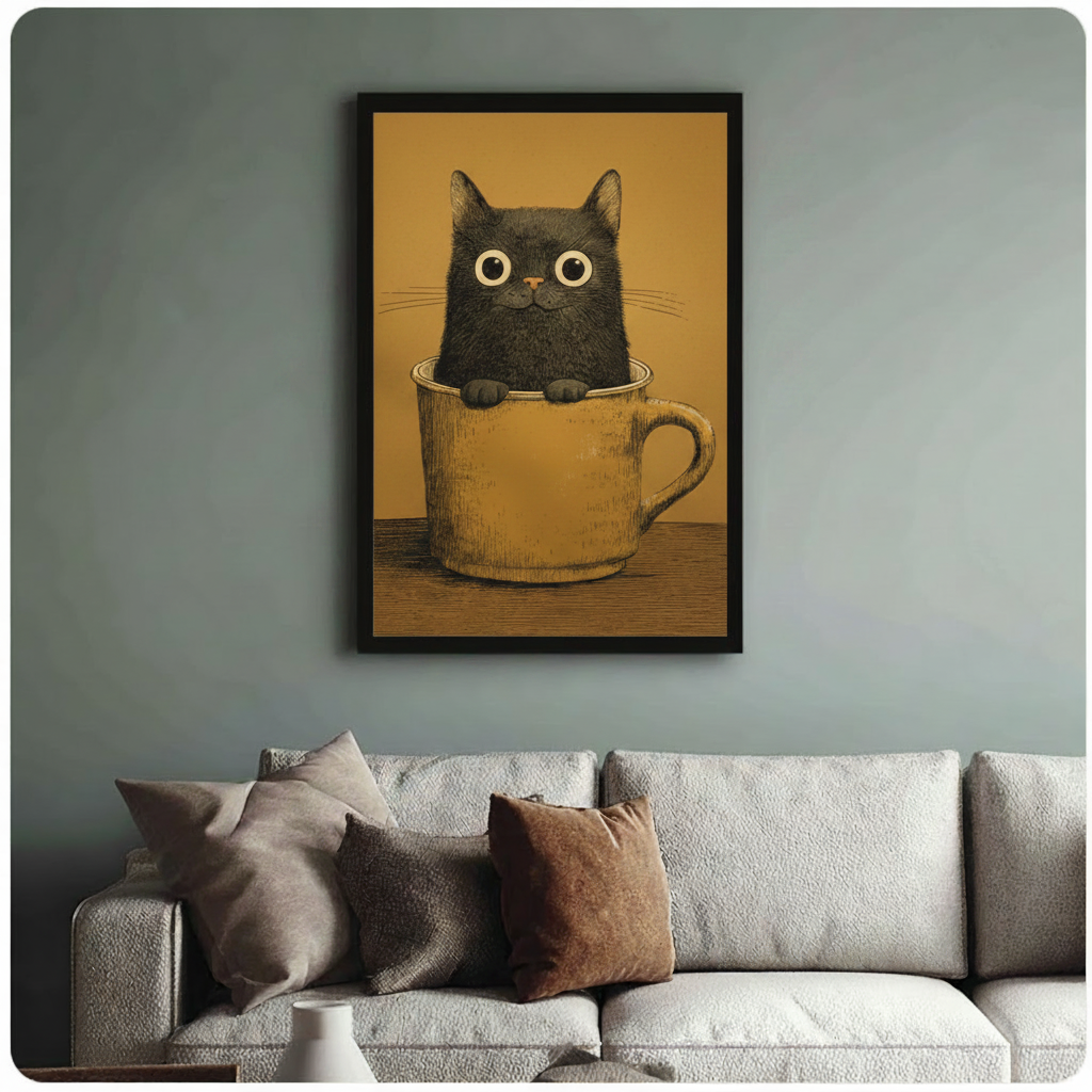 Black Cat in Teacup Vintage Canvas Wall Art