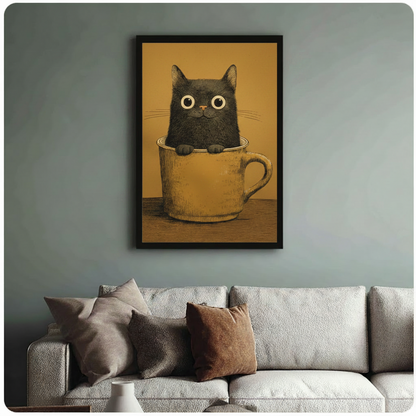 Black Cat in Teacup Vintage Canvas Wall Art