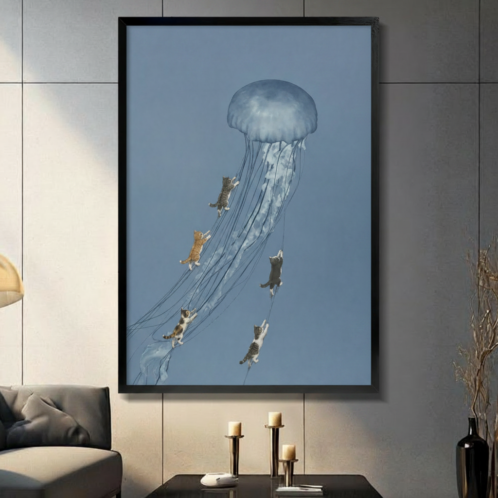 Cats Riding Jellyfish Surreal Canvas Wall Art