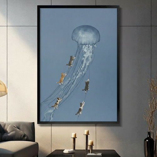 Cats Riding Jellyfish Surreal Canvas Wall Art