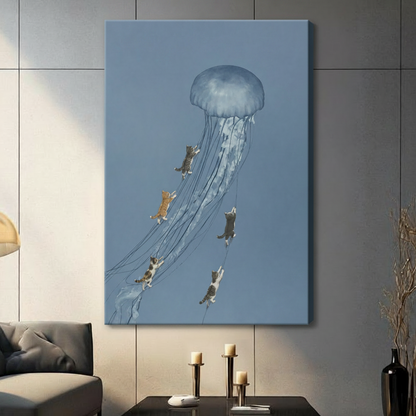 Cats Riding Jellyfish Surreal Canvas Wall Art