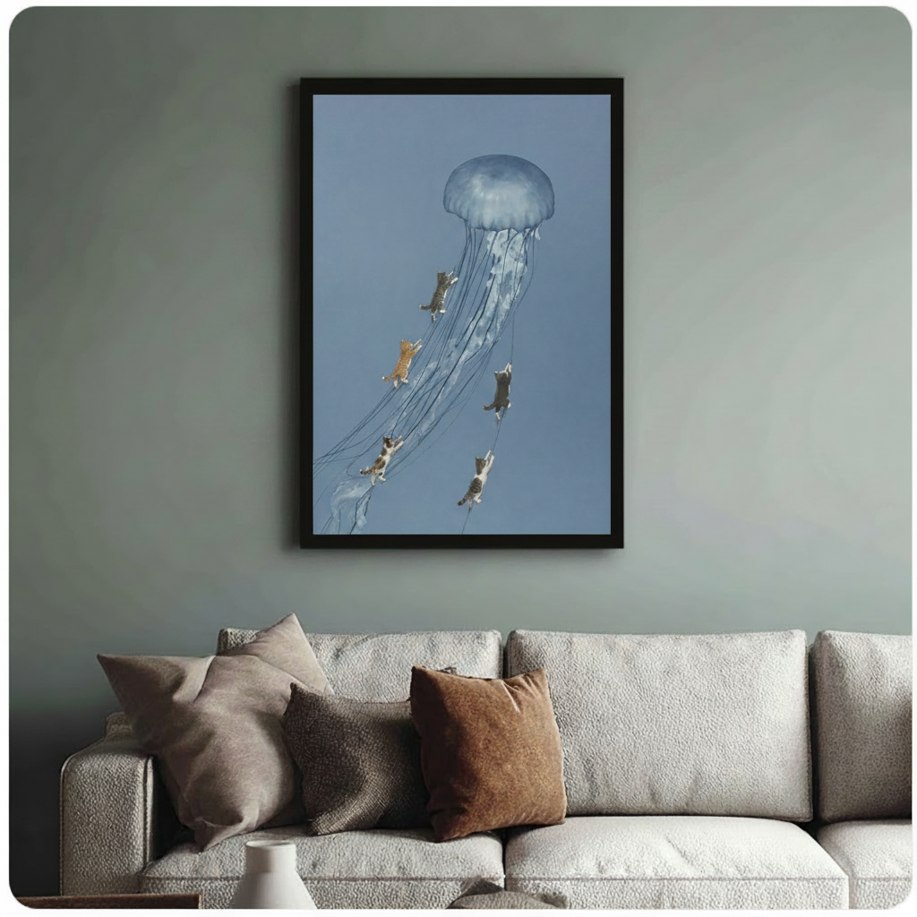 Cats Riding Jellyfish Surreal Canvas Wall Art