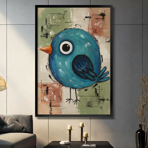 Cute Blue Bird Whimsical Canvas Wall Art
