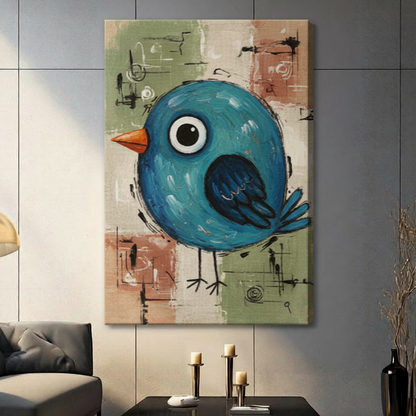 Cute Blue Bird Whimsical Canvas Wall Art