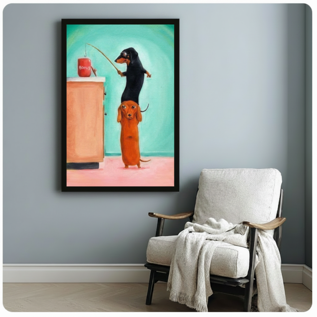 Funny Dachshund Fishing Bones Canvas Wall Art