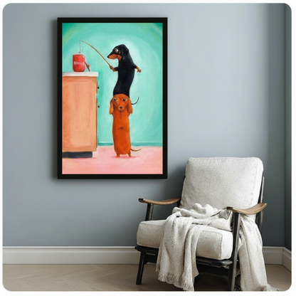 Funny Dachshund Fishing Bones Canvas Wall Art