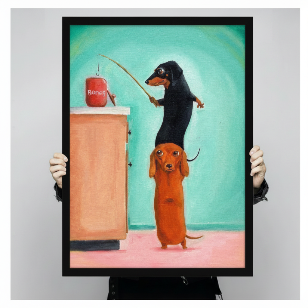Funny Dachshund Fishing Bones Canvas Wall Art