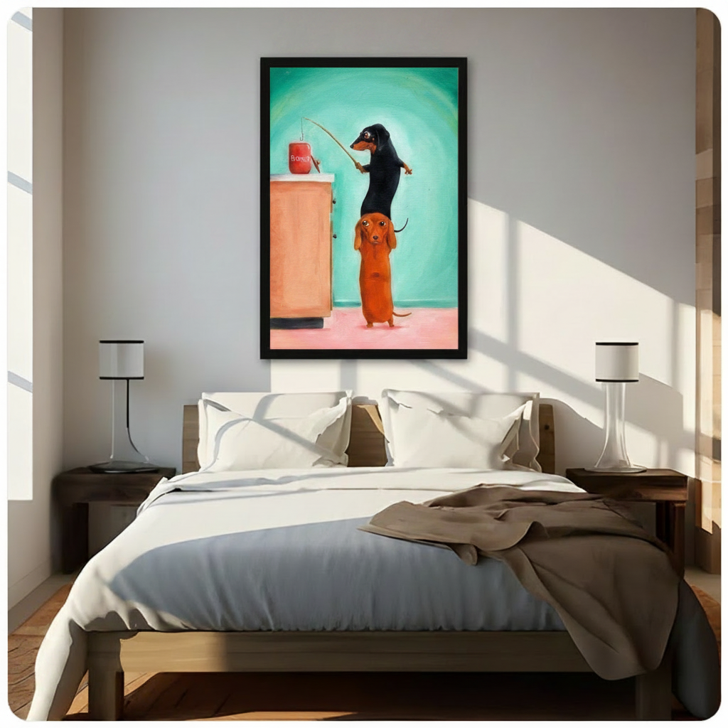Funny Dachshund Fishing Bones Canvas Wall Art