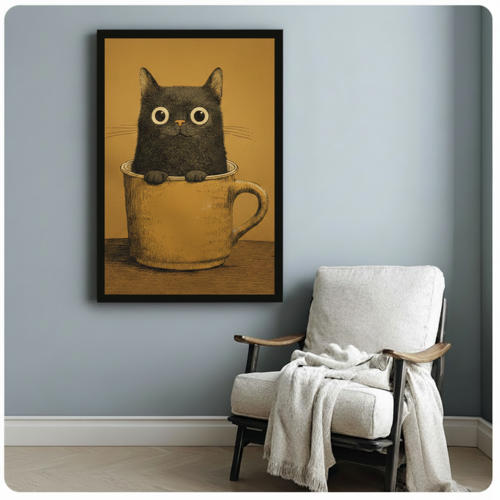 Black Cat in Teacup Vintage Canvas Wall Art