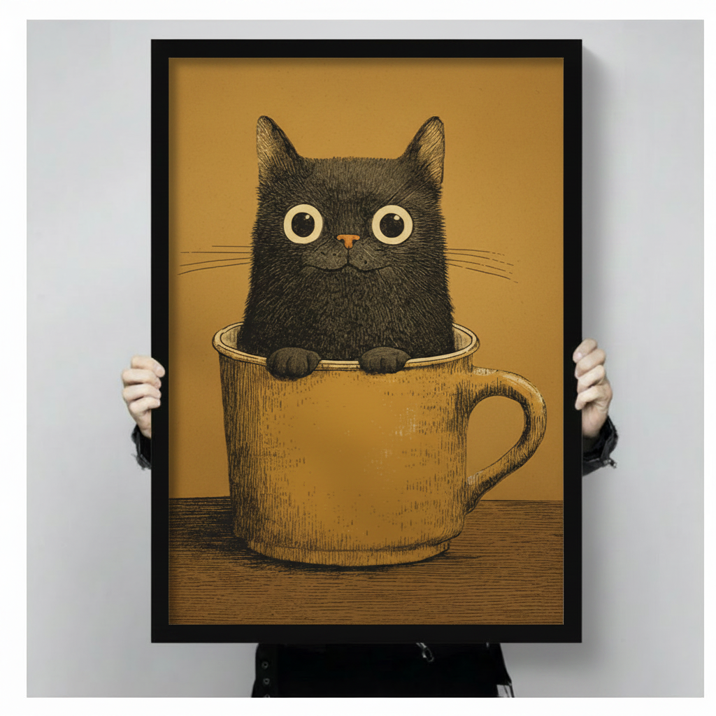 Black Cat in Teacup Vintage Canvas Wall Art