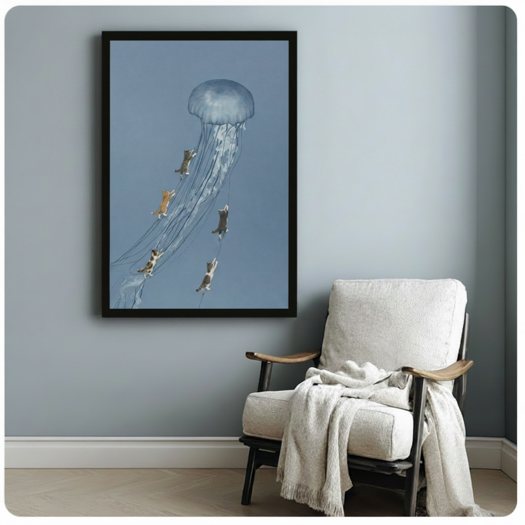 Cats Riding Jellyfish Surreal Canvas Wall Art
