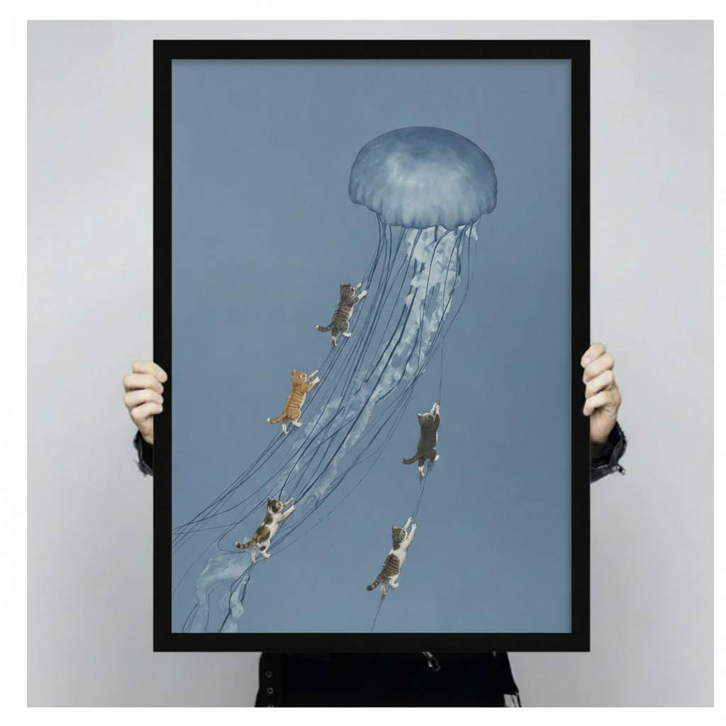 Cats Riding Jellyfish Surreal Canvas Wall Art