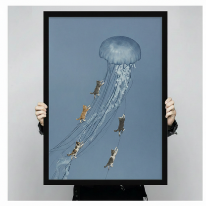 Cats Riding Jellyfish Surreal Canvas Wall Art