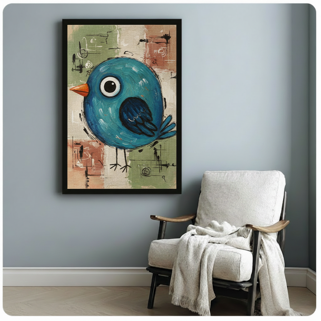 Cute Blue Bird Whimsical Canvas Wall Art