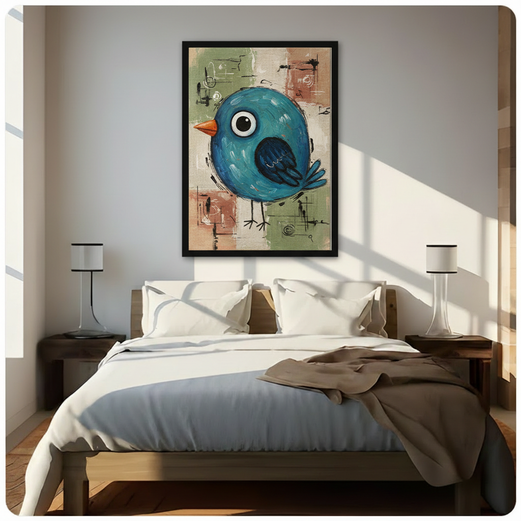 Cute Blue Bird Whimsical Canvas Wall Art