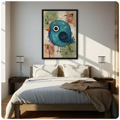 Cute Blue Bird Whimsical Canvas Wall Art