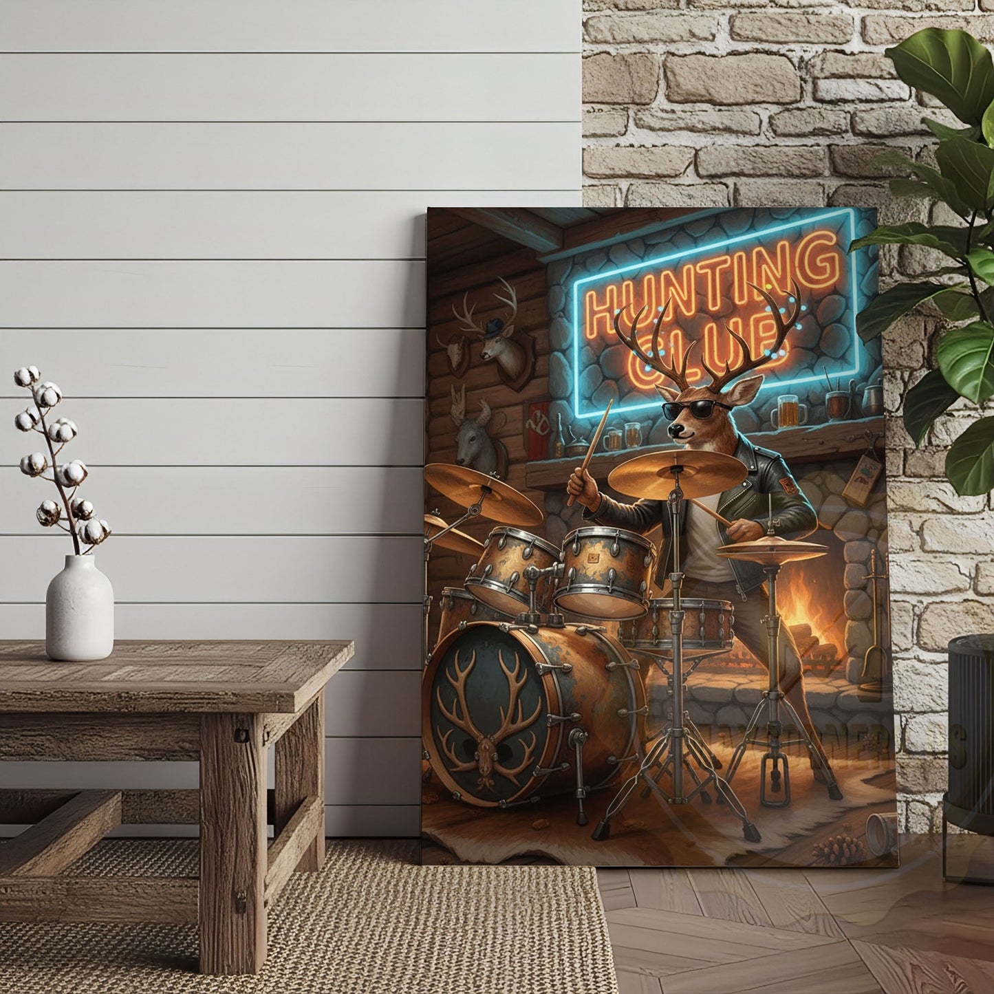 Deer Drummer in Hunting Club with Neon Lights Wrapped Canvas