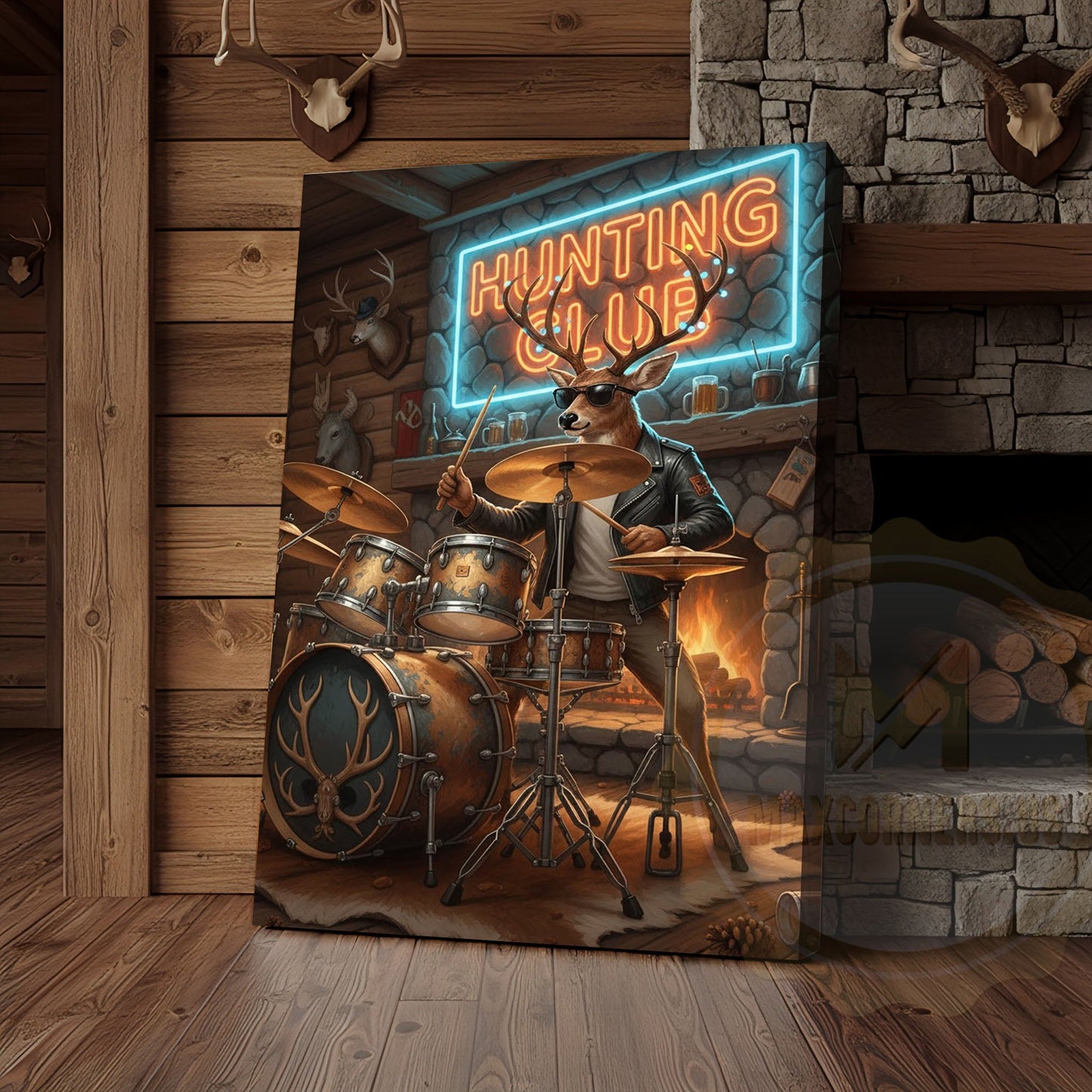 Deer Drummer in Hunting Club with Neon Lights Wrapped Canvas