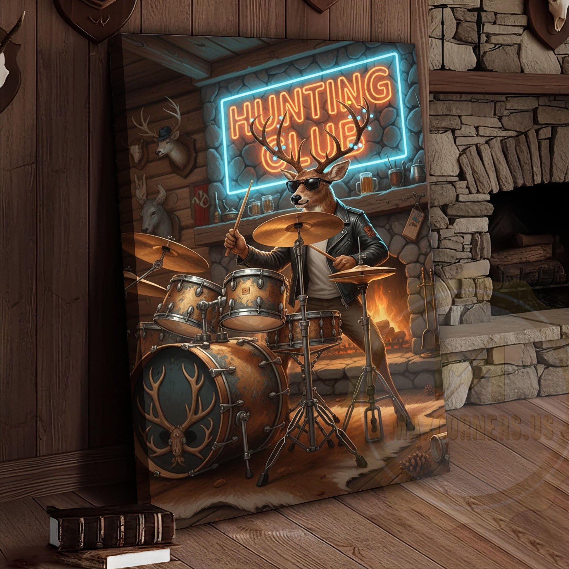 Deer Drummer in Hunting Club with Neon Lights Wrapped Canvas