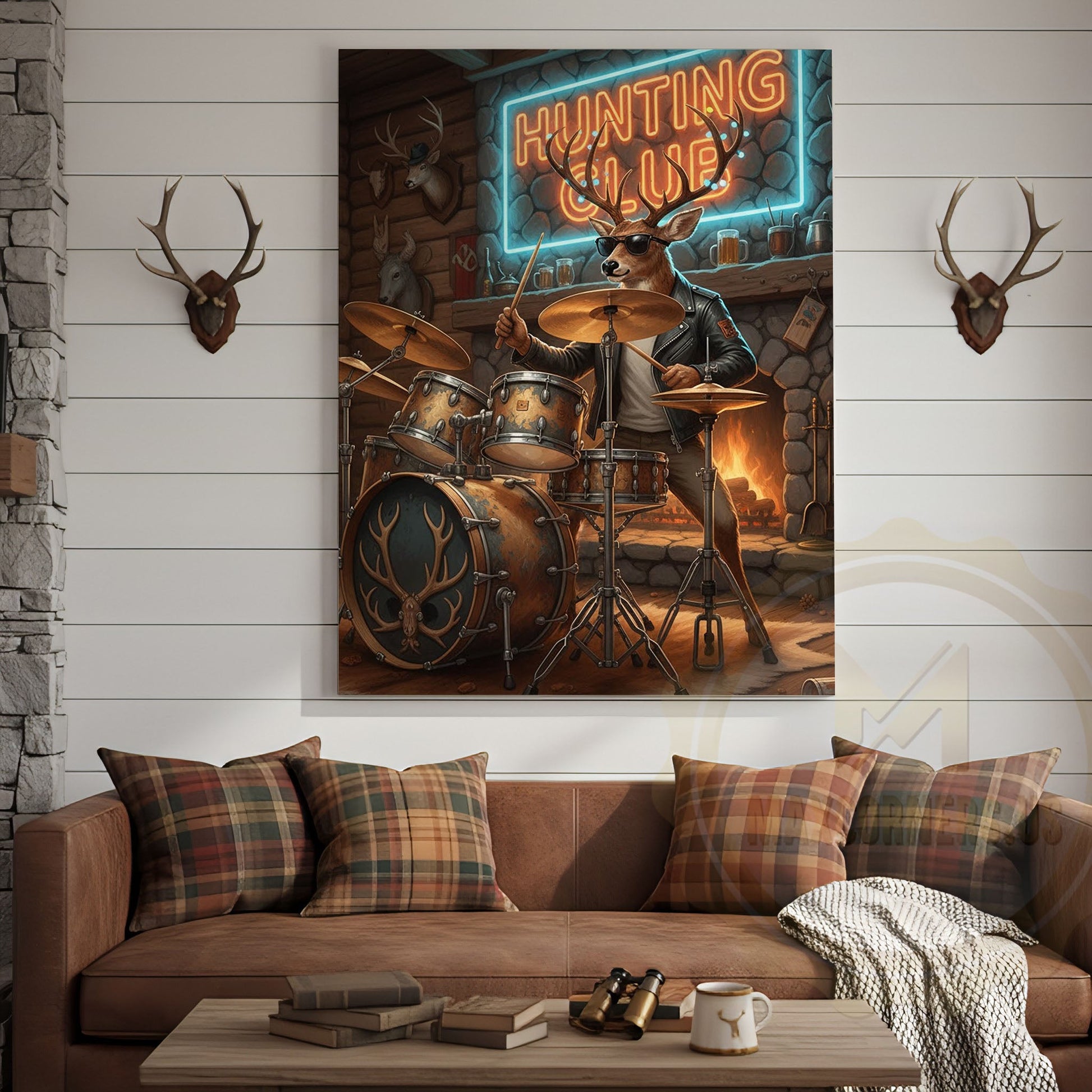 Deer Drummer in Hunting Club with Neon Lights Wrapped Canvas
