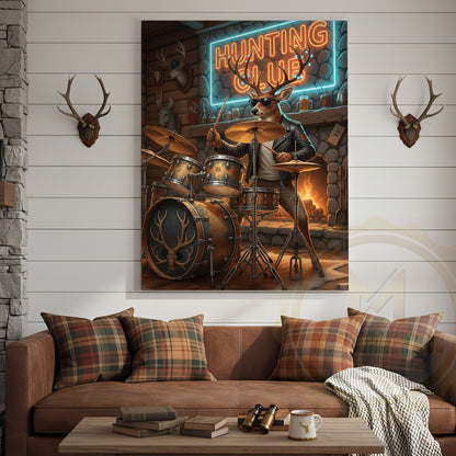 Deer Drummer in Hunting Club with Neon Lights Wrapped Canvas