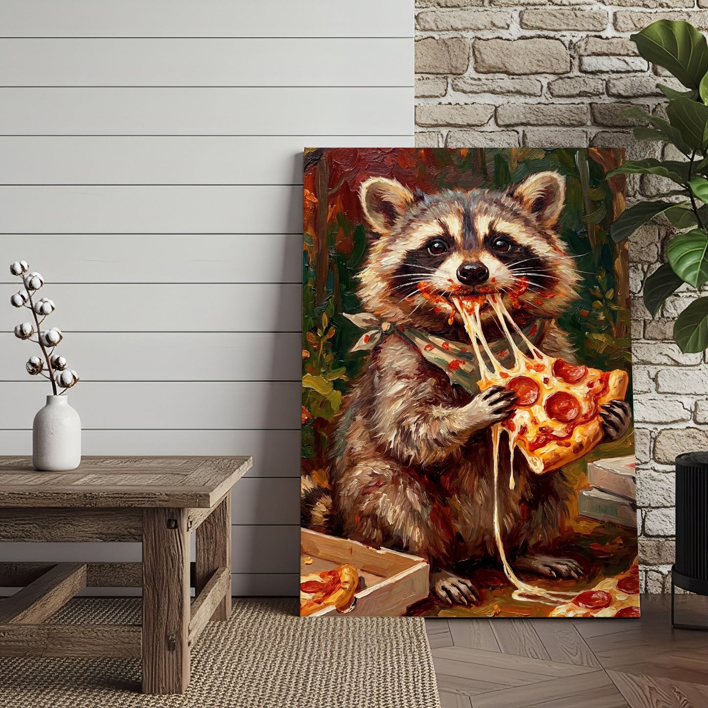 Funny Raccoon Eating Cheese Pizza Food Lover Art Canvas Wall Art