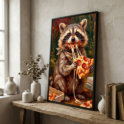 Funny Raccoon Eating Cheese Pizza Food Lover Art Canvas Wall Art