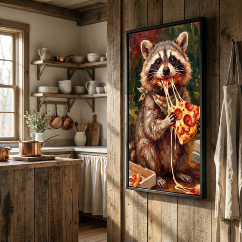 Funny Raccoon Eating Cheese Pizza Food Lover Art Canvas Wall Art