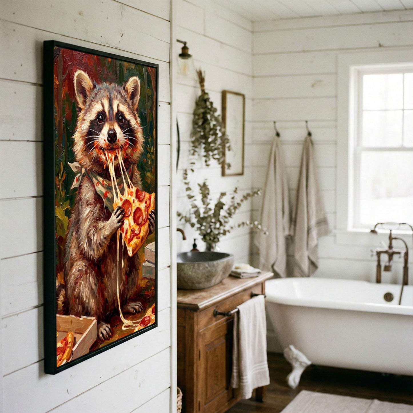 Funny Raccoon Eating Cheese Pizza Food Lover Art Canvas Wall Art