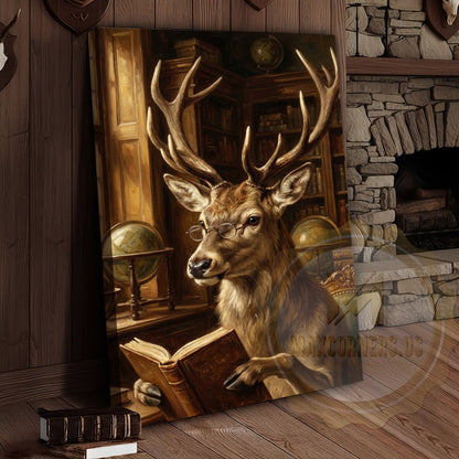 Academic Deer Canvas Print - Scholarly Stag with Glasses