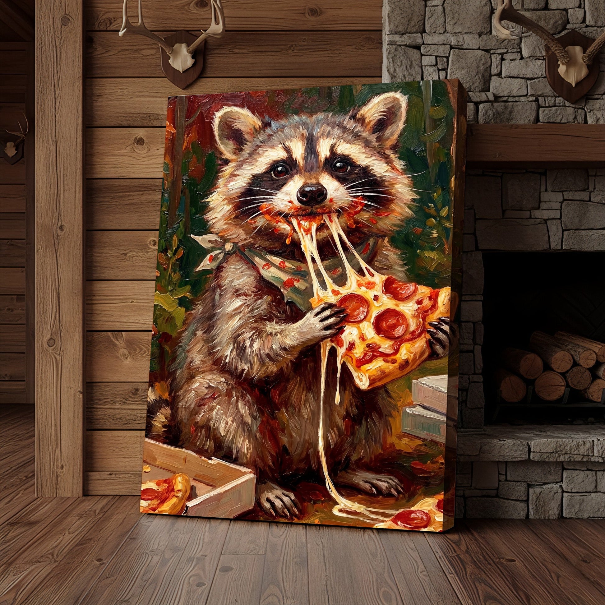 Funny Raccoon Eating Cheese Pizza Food Lover Art Canvas Wall Art