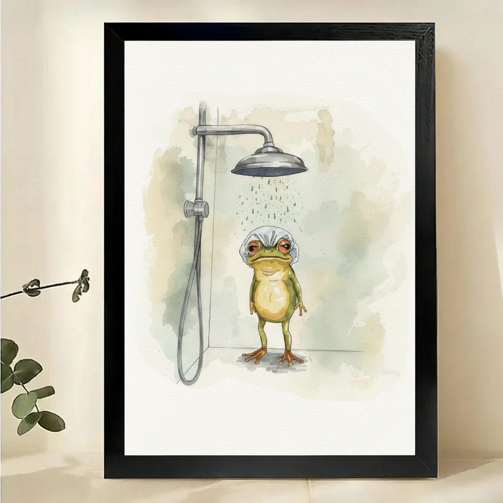 Frog in the Shower Wall Art – Whimsical Watercolour Bathroom Canvas Print on Natural Wood Frame