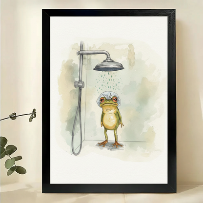 Frog in the Shower Wall Art – Whimsical Watercolour Bathroom Canvas Print on Natural Wood Frame