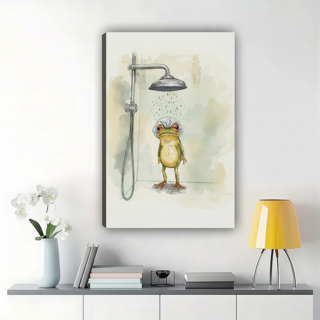 Frog in the Shower Wall Art – Whimsical Watercolour Bathroom Canvas Print on Natural Wood Frame
