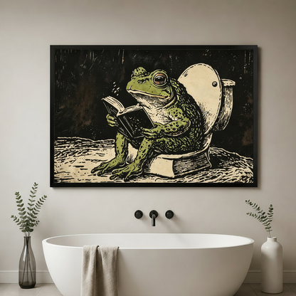 Frog Reading on Toilet Canvas Art Wall Art