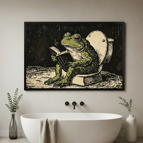 Frog Reading on Toilet Canvas Art Wall Art