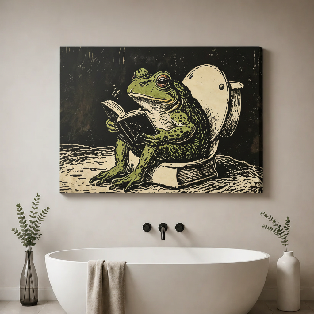 Frog Reading on Toilet Canvas Art Wall Art