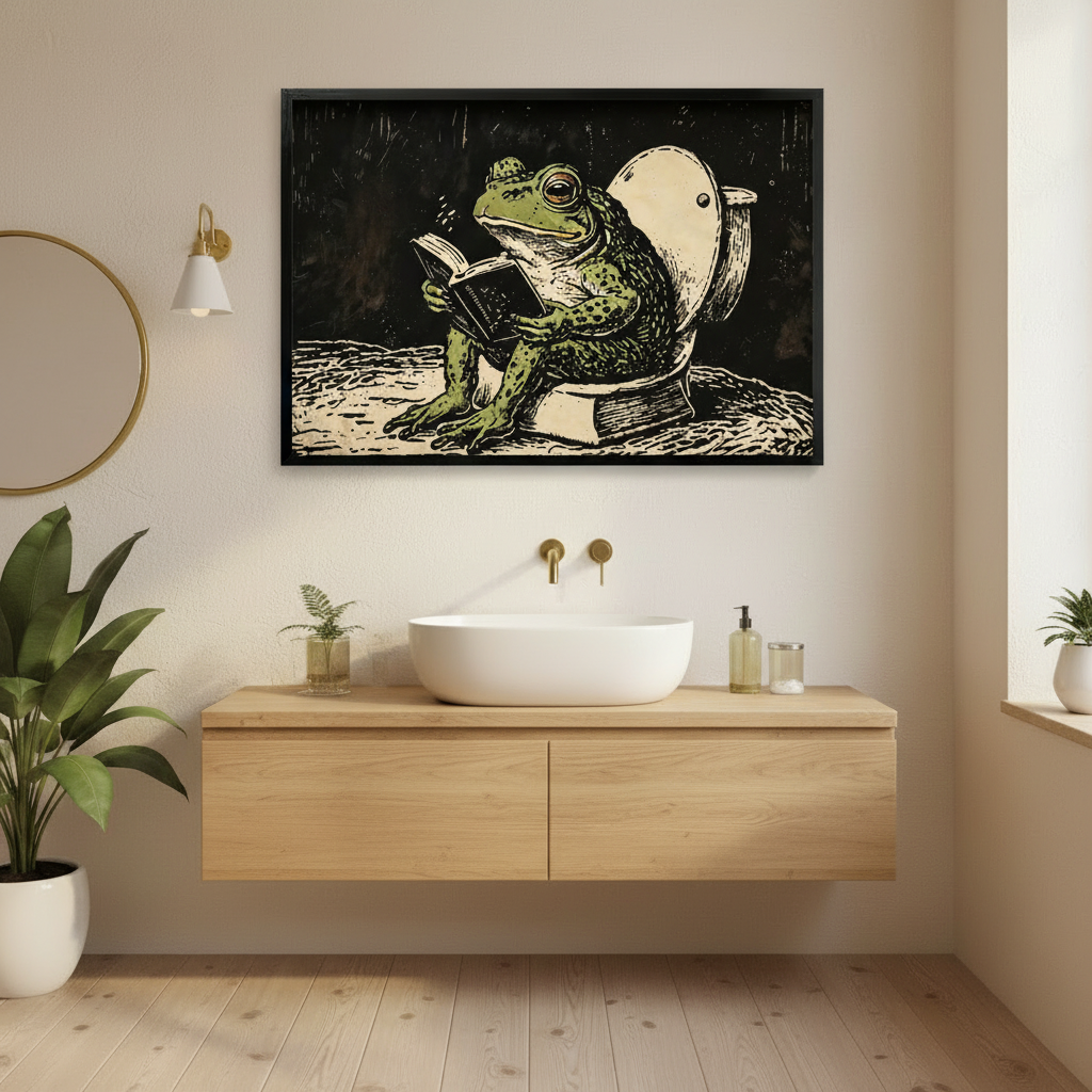 Frog Reading on Toilet Canvas Art Wall Art