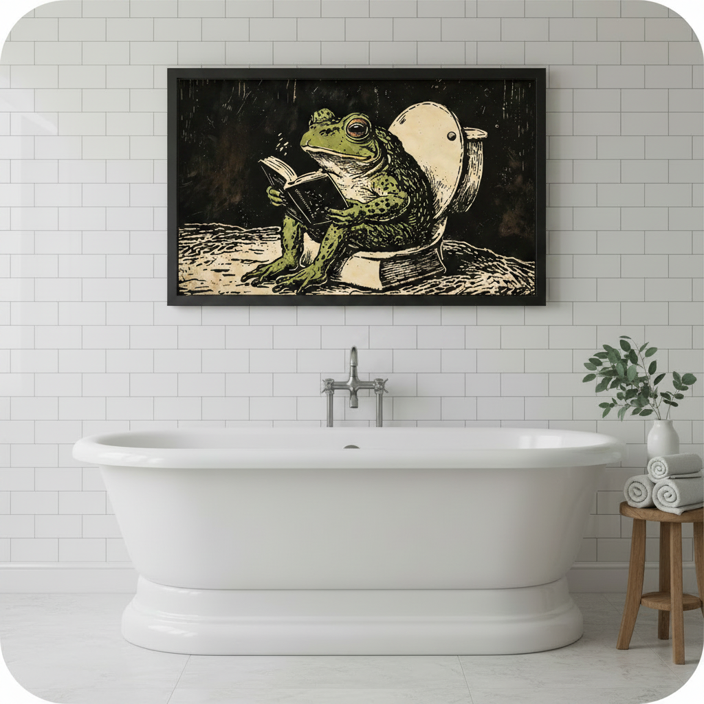 Frog Reading on Toilet Canvas Art Wall Art