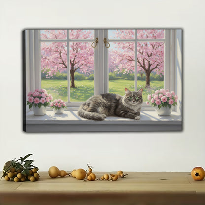 The Romantic Cherry Blossom Twin Cats – Cozy Wall Art on Natural Wood Canvas