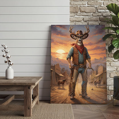 Cowboy Deer Standing in Sunset Western Town Wrapped Canvas