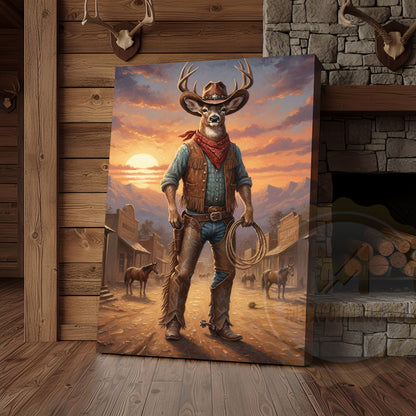 Cowboy Deer Standing in Sunset Western Town Wrapped Canvas