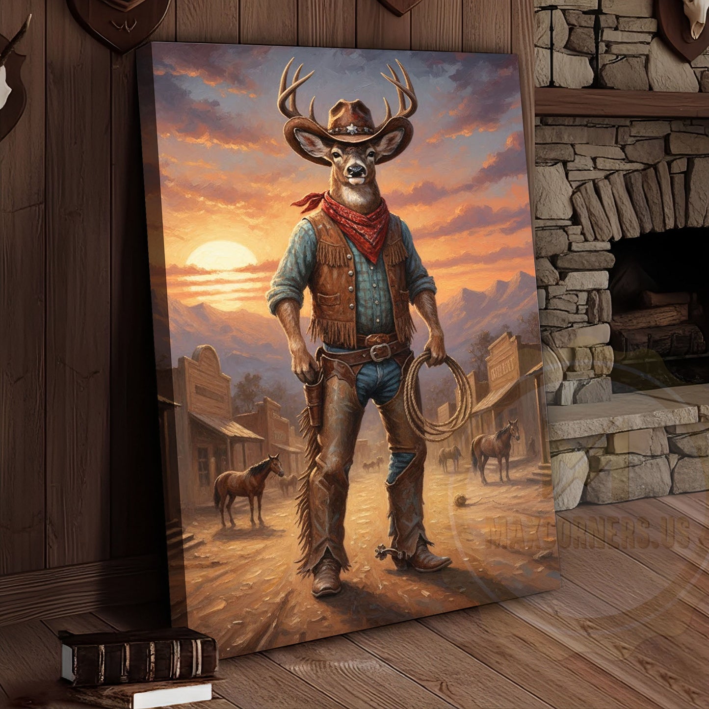 Cowboy Deer Standing in Sunset Western Town Wrapped Canvas