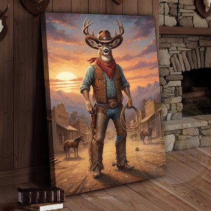 Cowboy Deer Standing in Sunset Western Town Wrapped Canvas