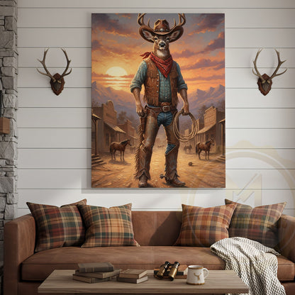 Cowboy Deer Standing in Sunset Western Town Wrapped Canvas