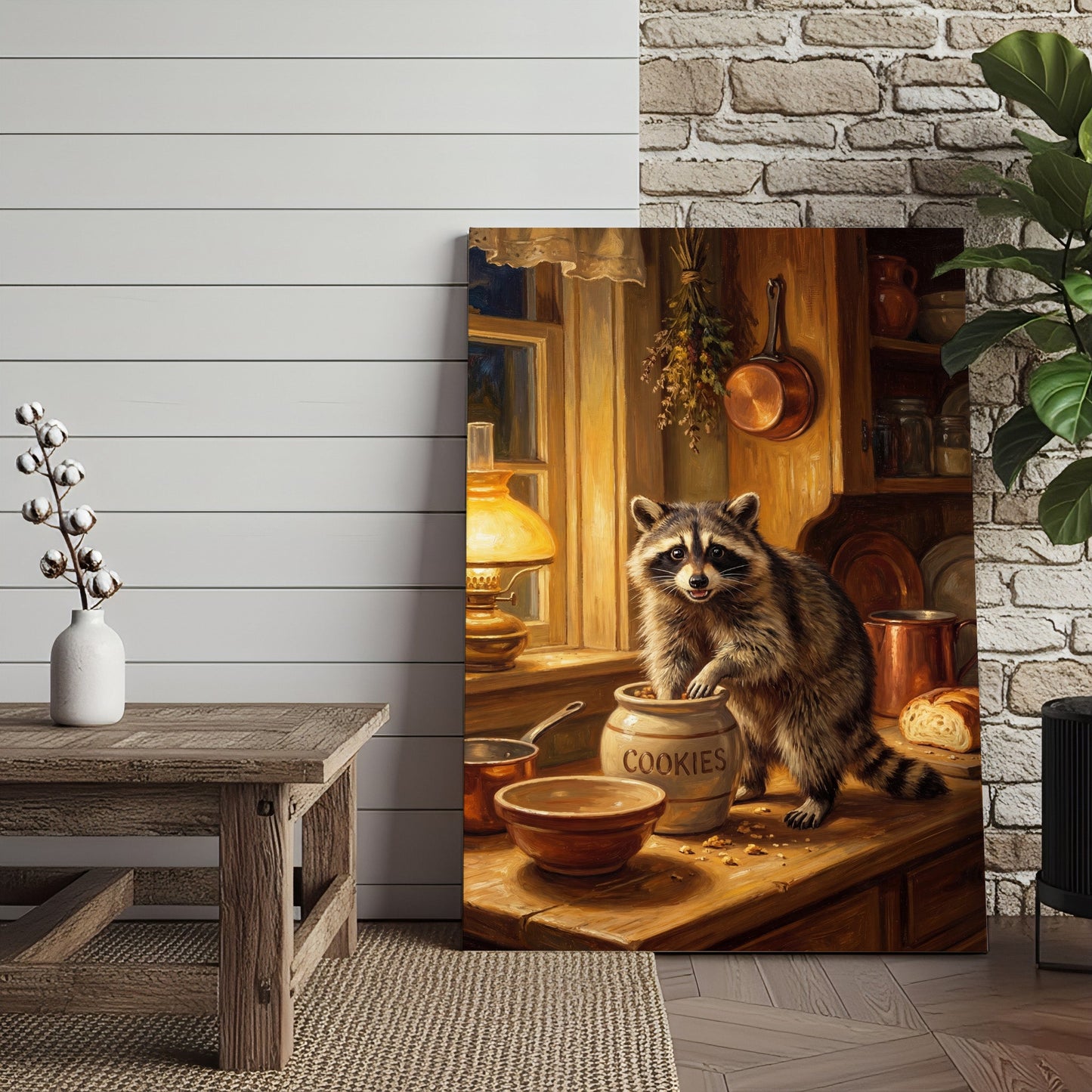 Raccoon in Rustic Kitchen Stealing Cookies Warm Light Canvas Wall Art