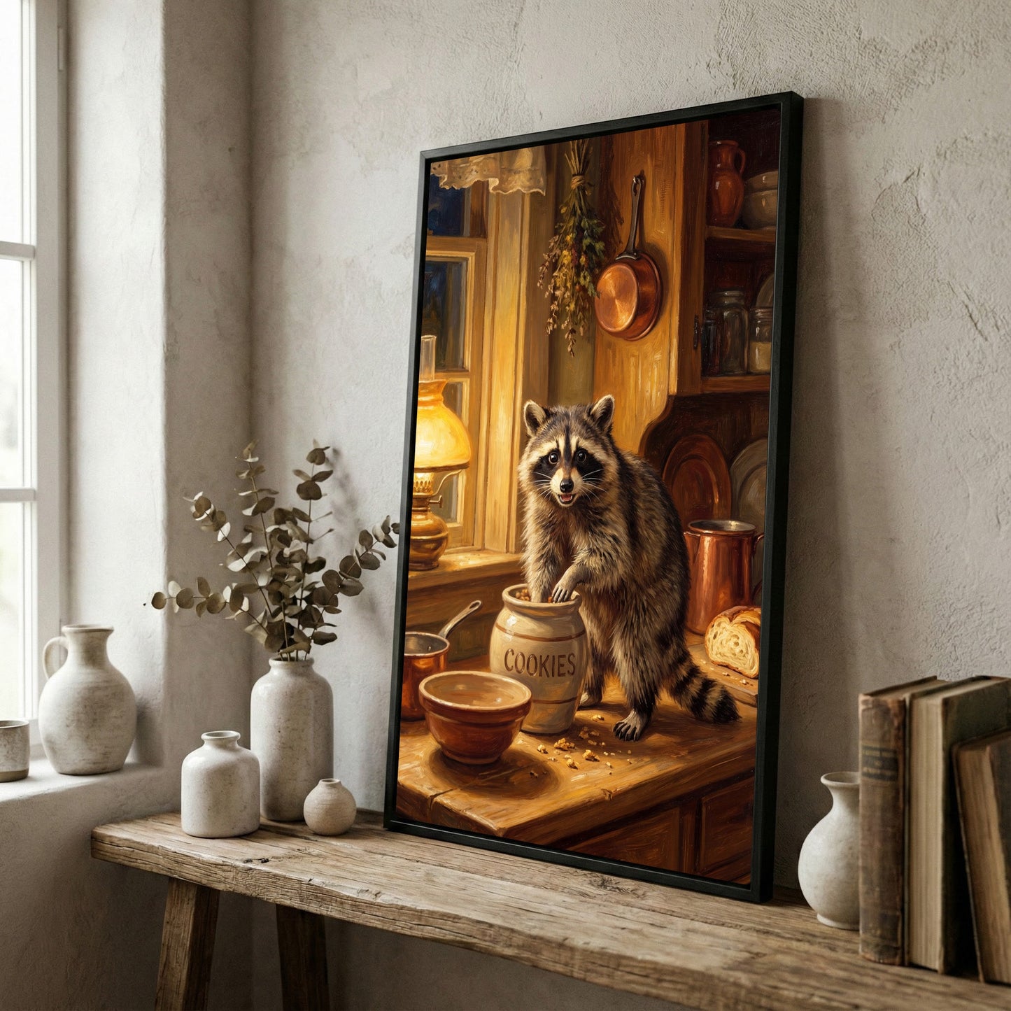 Raccoon in Rustic Kitchen Stealing Cookies Warm Light Canvas Wall Art