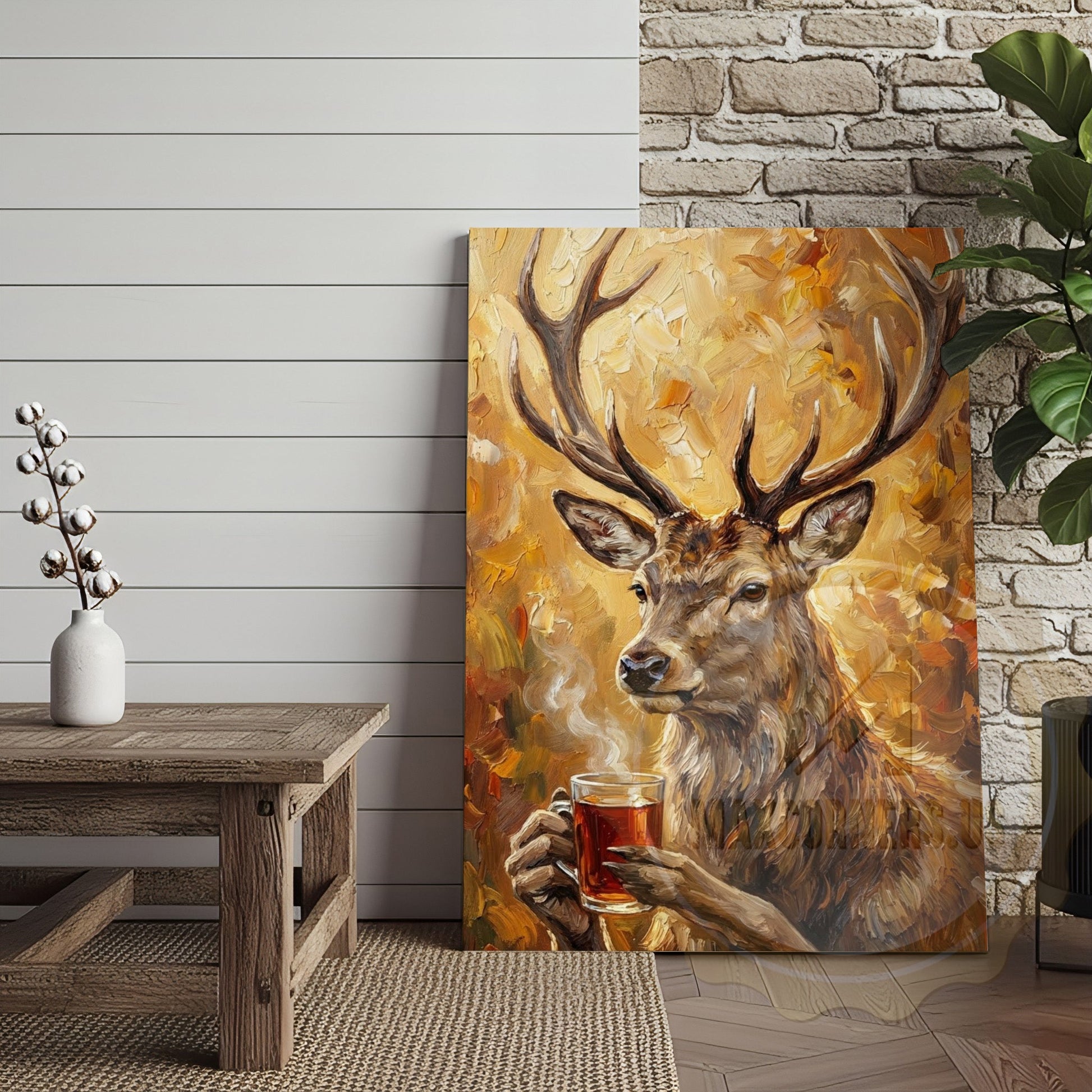 Beer Drinking Deer Canvas Art - Autumn Palette Wildlife Humor Print