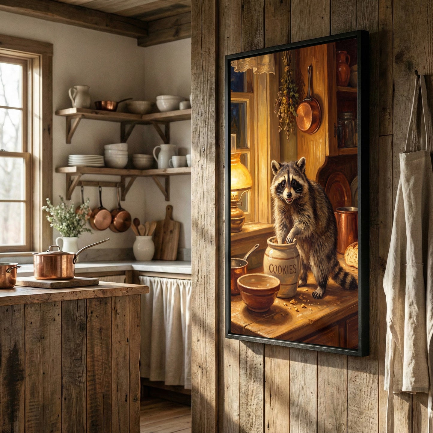Raccoon in Rustic Kitchen Stealing Cookies Warm Light Canvas Wall Art